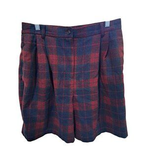 Vtg Sag Harbor Red & Navy Plaid Pleated Wool Blend Shorts Size 14 Lined Womens